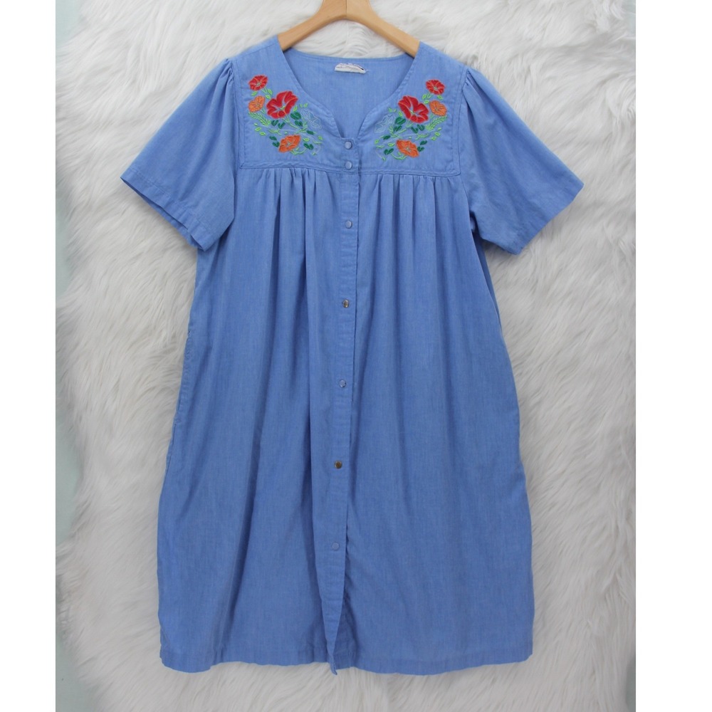 Vtg National Embroidered Floral Granny Nightgown Cottagecore Blue Housecoat Sz L